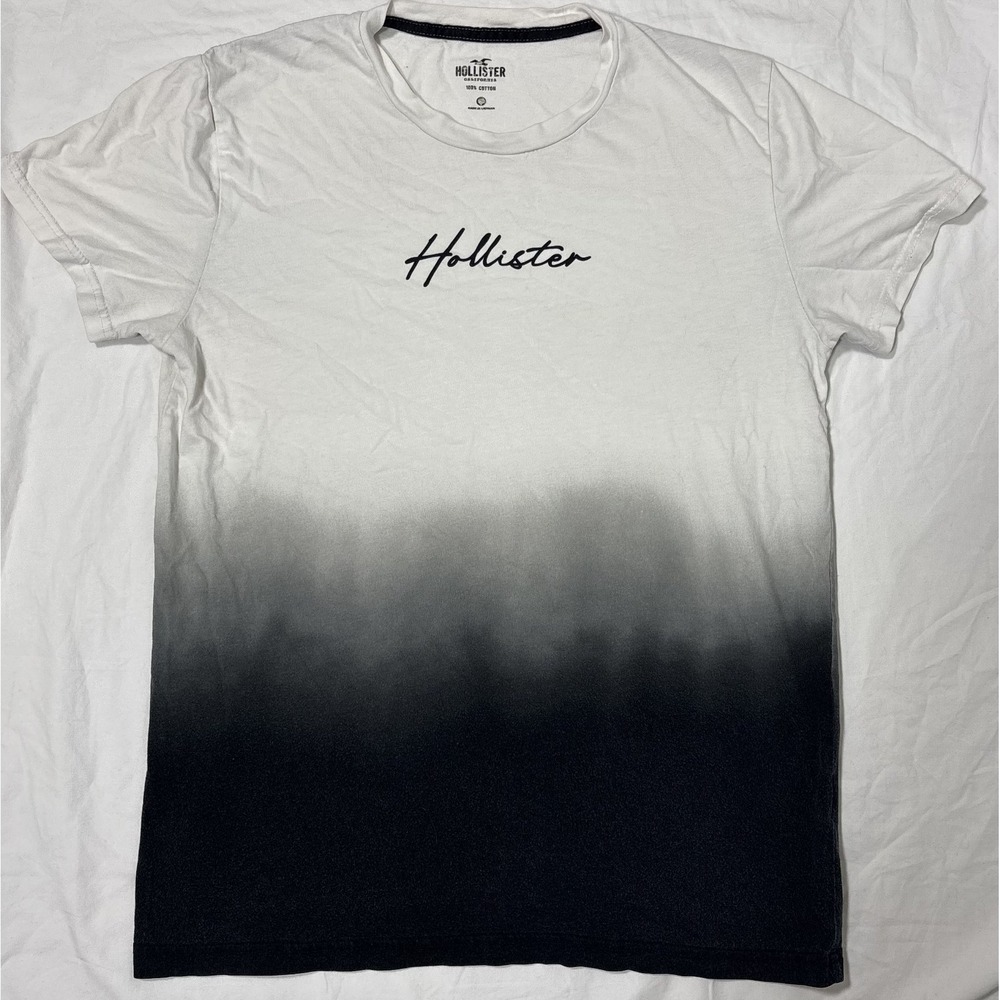 Hollister Mens Crew Neck T-Shirt Black White Short Sleeve Ombre Tie Dye Logo M